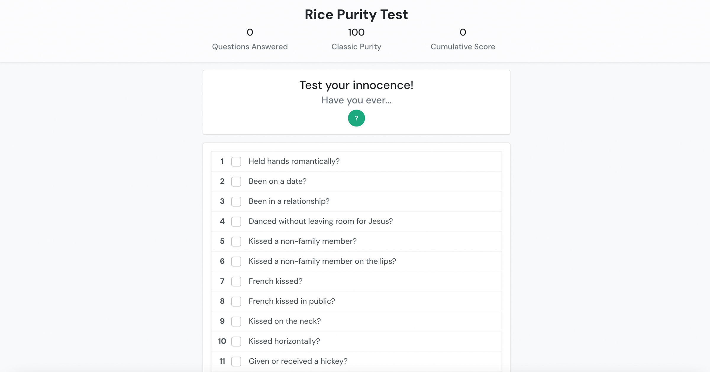 Rice Purity Test Test your rice purity & innocence!